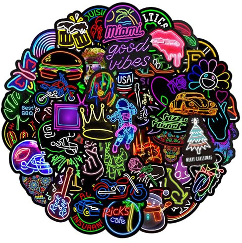 Neon Graffiti Aufkleber, Wasserdicht Vinyl Neon Light Neonlichter Sticker für Laptop Wasserflasche Skateboard Fahrrad Helmet Gitarre Reisekoffer Gepäck Möbel Scrapbook Handyhülle [50 Stück]