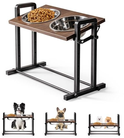 MEWOOFUN Raised Dog Bowl for Small Medium Sized Dogs 3 Height Adjustable - Sturdy Wooden Raised Dog Bowls with 2 x 800ml Stainless Steel Bowls (Small)