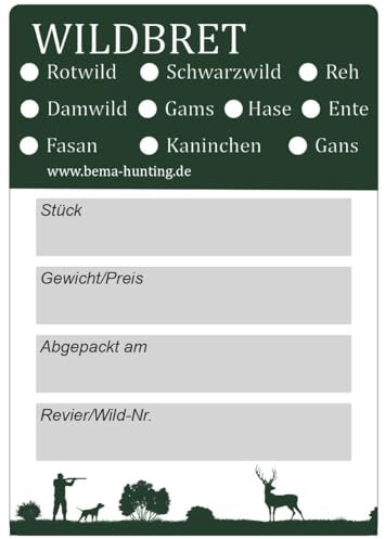 Wildbret Etiketten | 10x7 cm | 100 Stück | Jagdaufkleber | Tiefkühlaufkleber | Rotwild, Schwarzwild, Reh, Damwild, Gams, Hase, Ente, Fasan, Kaninchen, Gans