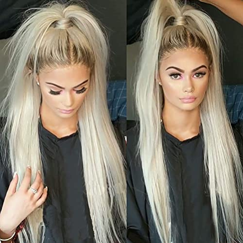 Xiweiya Light Blonde Mixed Wig Ombre Blonde Natural Wavy Synthetic Lace Front Wig Heat Resistant Fiber Hair Glueless Soft Wig High Density Half Hand Tied Wig for Women 24inch