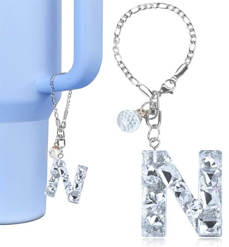 Vmini Tumbler Accessories for Stanley Cup with Handle, Glitter Letter Charms for Stanley 40 oz 30 oz & HydroJug 40 oz Tumbler, Cute Bling Initial Letter Charm Decor for Stanley Cup Accessories (N)