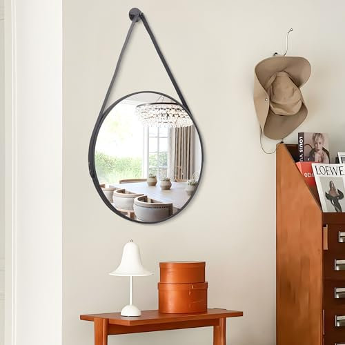 WOLIBEER Rund Wandspiegel 40 x 40 cm, Schwarz Wand Spiegel Rund mit Lederband und schwarzem Aluminiumrahmen, runder Spiegel für Badezimmer, Schlafzimmer, Eingangsbereich, Flur, Waschtisch