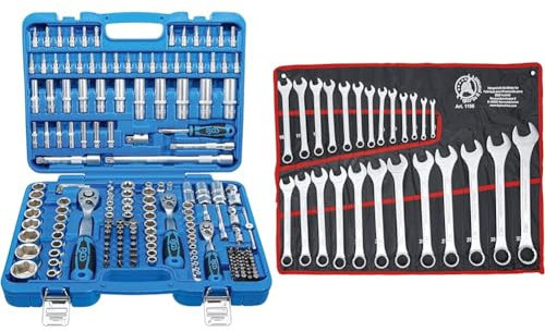 BGS 2243 | Steckschlüssel-Satz Sechskant | 192-tlg. | Antrieb 6 & Diy 1198 | Maul-Ringschlüssel-Satz | 25-tlg. | SW 6-32 mm | inkl. Tetron-Rolltasche | Gabelringschlüssel