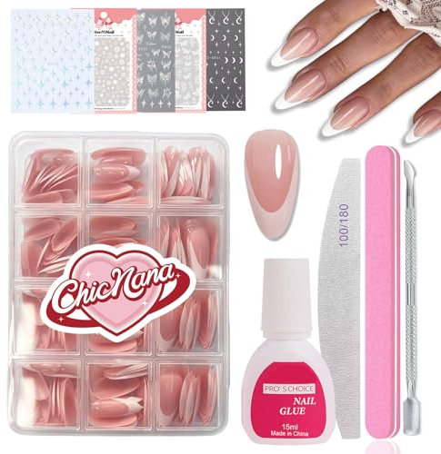 French False Nails Kit, 240Pcs Almond Press On Nails with Stickers, Medium Long False Nails With Glue Acrylic Fake Nails 12 Sizes Stick On Nails For Women French Tip Gift for Girls (Almond)