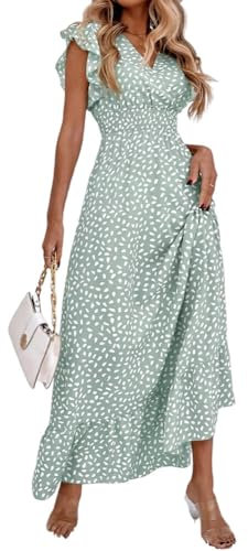 iSpchen,Vestido de Mujer Primavera/Verano Elegante Falda Larga Floral Estilo Urbano con Escote en V,Verde Claro M