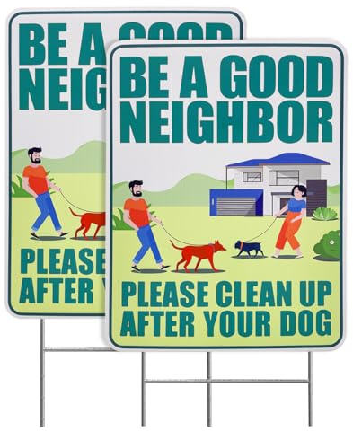 Clean Up After Your Dog Sign with 2pcs Metal H Stakes, 12x9 Be a Good Neighbor No Pooping Sign for Yard Pick Up