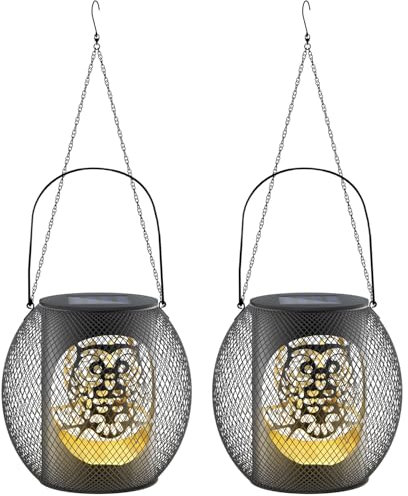 Nowupup Solarlampen für Außen Garten, 2 Stück Solar Laternen für Draußen mit Helle LED-Glühbirne, IP65 Wasserdicht Metall Hängend Solarleuchten mit Haken und Kette für Balkon Terrasse Deko (Eule)