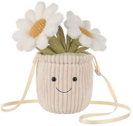 Apricot Lamb Daisy Gänseblümchen Blume Pflanze Umhängetasche geformte Plüsch Tasche Plüsch Geldbörse für Teenager Erwachsene, Plüsch Umhängetasche in Tierform, Kinder Mode Handtaschen, 27 cm