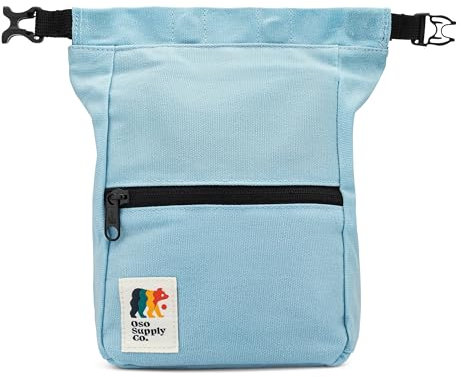 Oso Supply Co Kulshan Bouldereimer, große Kreide-Tasche zum Klettern, Kreidetopf mit magnetischem Roll-Down-Verschluss, Bürstenschlaufe, Reißverschlusstaschen für Kletterer, Gewichtheben (Himmelblau)