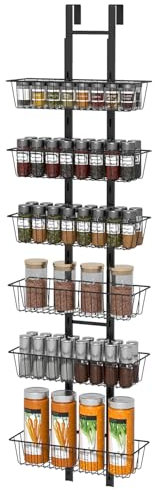 TOPWE Over Door Storage, Pantry Organizer with Adjustable Basket, Foldable Back Door Metal Pantry Organizers for Kitchen Bathroom, 6 Tier