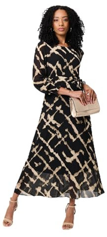 Izabel London Printed Long Sleeve Tie Waist Maxi Dress for Women UK with a semi Sheer Layer and Puff Sleeves.