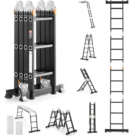 VEVOR Escalera Plegable Multiusos, Escalera Extensible Alta 7 en 1, Estructura en A de 3 Escalones con Tablones de Andamio, Capacidad de 149,7 kg para el Hogar y el Exterior, 1170 x 608 x 1730 mm