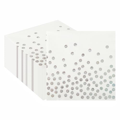 50PCS White and Silver Polka Dot Party Napkins, CEILIWEN 33x33CM Silver Napkin Serviettes, Iridescent Napkin Tissues Cocktail Napkins Party Napkins Dinner Napkins Serviettes