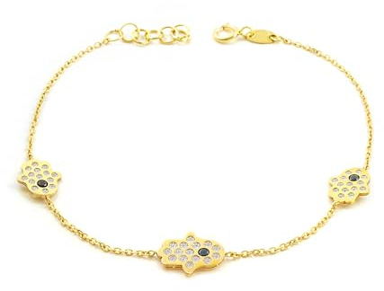 Damen & Kinder Armband Gelbgold 9K Charms Hand der Fatima Zirkonia Glanz 18 cm - Geschenkbox - Garantiezertifikat - Mondepetit