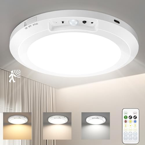 Yunaking Rechargeable Ceiling Light with Motion Sensor: Battery Operated LED Closet Light with Remote & Timing - Wireless Dimmable Magnetic Mount Shower Lamp for Bathroom/Stairs/Garage/Hallway