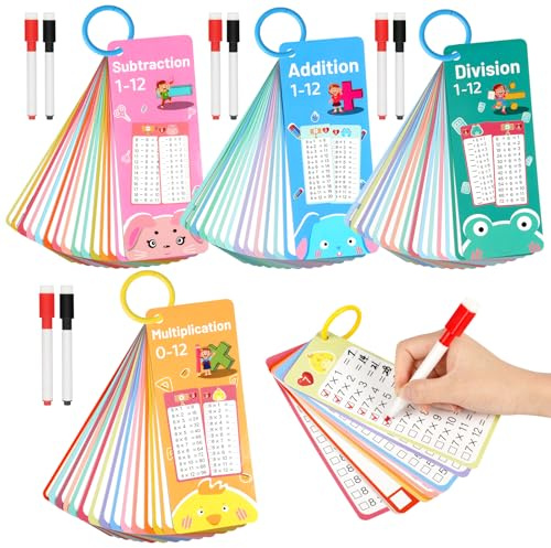 AOOHA Mathe Karten für Kinder, 60 Stück Mathematik Lernkarten mit Löschbaren Stiften, Kleine Einmaleins,Rechenhilfen Mathe für Addition, Subtraktion, Multiplikation und Division Verwendet