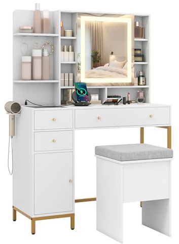 COSTWAY Schminktisch mit LED Spiegel, Frisiertisch & Hocker-Set mit Steckdosen, 3-Farben-Lichter, Spiegelkabinett, Schubladen, offene Regale & transparenter Glastischplatte, Kosmetiktisch weiß