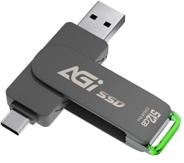 AGI ED138 Pro SSD Externe 512 Go Disque SSD Portable, Cle USB 3.2 Gen 2 Jusqu'à 550 Mo/s, 2 en 1 OTG Double USB-A & Type C, Compatible avec PC Mobile Ordinateur Photos Vidéo MacBook Pro Air et Plus