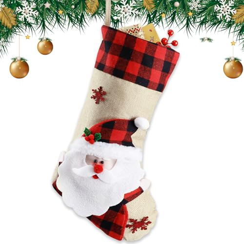 Bemaystar Christmas Stockings - 18.5 Burlap Plaid Christmas Stocking Xmas Hanging Stockings Holiday for Kids Christmas Tree Fireplace Family Party Decor - Santa