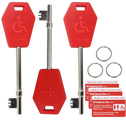 Disabled Toilet Key Universal 3 Pack - Works with Radar & NKS Locks | Keys with Braille & Easy-Grip Handle, Rust-resistant Alloy, Keyring Loop, Help Card, for UK Accessible Toilets