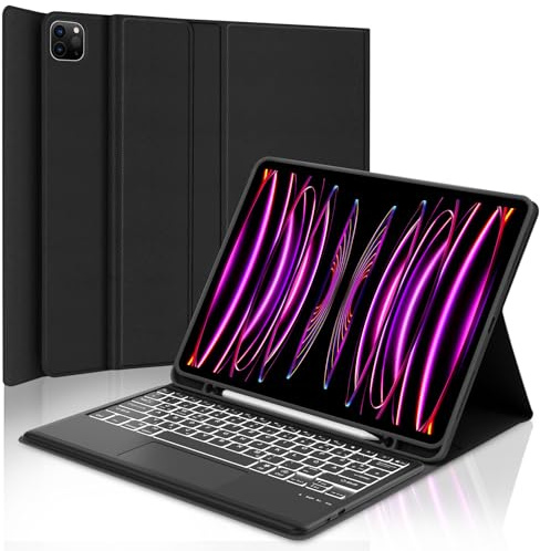 IVEOPPE Tastatur Hülle für iPad Pro 12,9 Zoll 6/5/4/3 Generation Con Touchpad, Magnetisch abnehmbar mit Deutsches QWERTZ Beleuchtete Keyboard für iPad Pro 12.9, Soft TPU und Leder Hülle, Schwarz