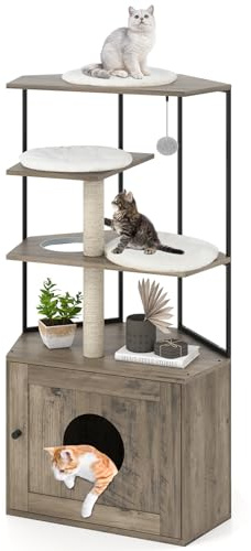 GOPLUS Katzenhaus mit Katzenklo-Schrank, Eck-Kratzbaum für Katzen, Katzenschrank mit 2 Sisal-Kratzpfosten, 3 weichen Kissen, hängendem Ball & Höhle, Indoor Kletterbaum Holz, Katzenkratzbaum