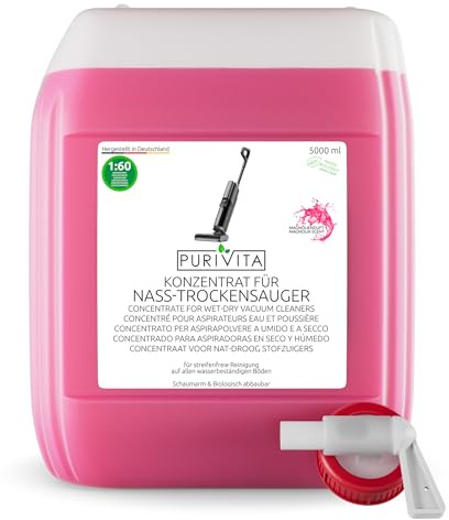 PURIVITA® Saugwischer Reinigungskonzentrat Nasssauger 5L Magnolienduft | Für Waschsauger und Wischroboter: streifenfrei, schnell trocknend, ergiebig, angenehmer Duft