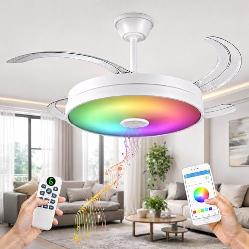FAN PROJECT Ventilador de Techo con Música - 108 cm de Ancho con Aspas Retráctiles, Luz LED y RGB - Silencioso con Lámpara y Moderno, Multifunción con Mando a Distancia y APP
