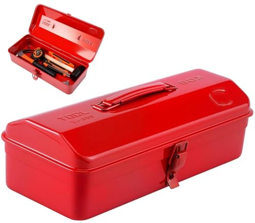 Metal Tool Storage Box with Handle, 14-Inch Lockable Organizer with Lid, Professional Steel Hardware Organiser for Garage, Suitable for Wrenches Screwdrivers Home DIY Garage Garden Red 36x15x11.5cm