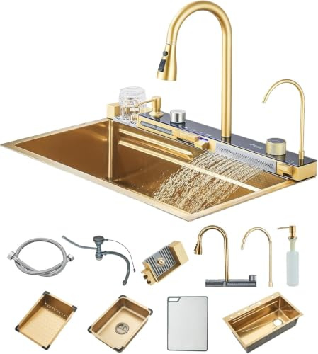 Harnart Évier de Cuisine Multifonction Evier de Cuisine à Comptoir Lavabo Acier Inoxydable avec Lave Verre Robinet Extractiblen Haute Pression 75x45x21cm,Or Brossé
