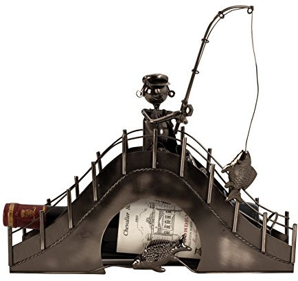 Unbekannt Moderner Wein Flaschenhalter Flaschenständer Angler auf Brücke aus Metall in Silber Höhe 31,5 cm Breite 33 cm