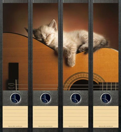 Ordnerrücken breit 4er Set Ordner Katze auf Gitarre Aufkleber Etiketten Deko 070