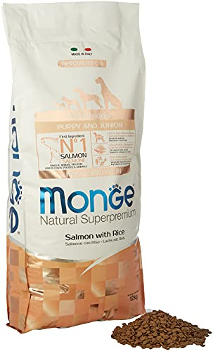 Monge Natural Superpremium PUPPY AND JUNIOR SALMON AND RICE, Hundefutter für alle Rassen (Welpenfutter, Trockenfutter für Hunde mit Lachs & Reis, sehr Ballaststoff- & Vitaminreich, 12 kg)