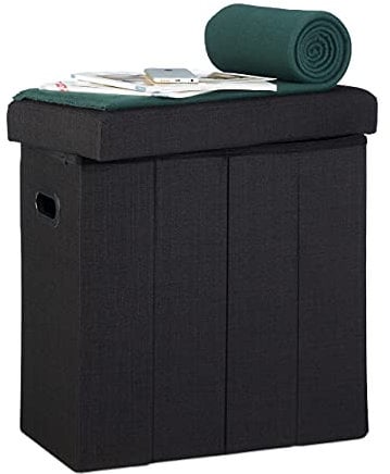 Relaxdays Faltbarer Sitzhocker, HxBxT: 49,5 x 46 x 25,5 cm, mit Stauraum, Griffe, Leinen, Polyester, MDF, schwarz