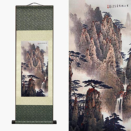 AtfArt Asiatische Wanddekoration schöne Seidenschnörkelgemälde Wasserfall Fluss Landschaft Malerei – Herbst in Huangshan Berg Orientalische Dekor Chinesische Wandbehang Gemälde (99,1 x 30,5 cm)