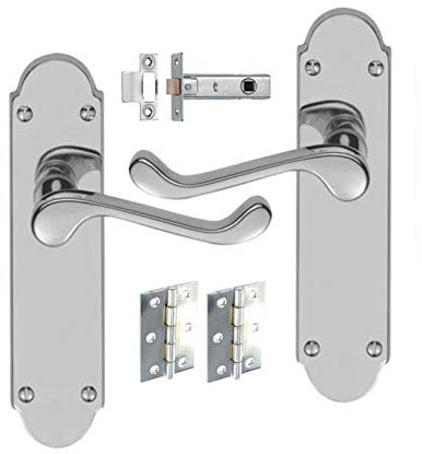 HANDLESTORE Shaped Scroll Door Handle Lever On Backplate - Includes Hinges and Latch - Polished Chrome