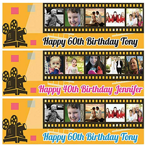 2 personalisierbare Geburtstagsbanner, Foto, Film, Party-Dekoration, für Erwachsene und Kinder, Poster zum 18., 21., 30., 40., 50., 60., 70., 80. Geburtstag