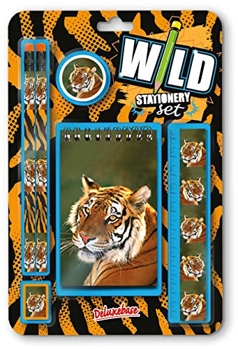 Wild Stationery Set - Tiger von Deluxebase. Diese niedlichen Stationären Schulsets für Jungen enthalten 2 Bleistifte, Radiergummi, Spitzer, Lineal und Notizbuch
