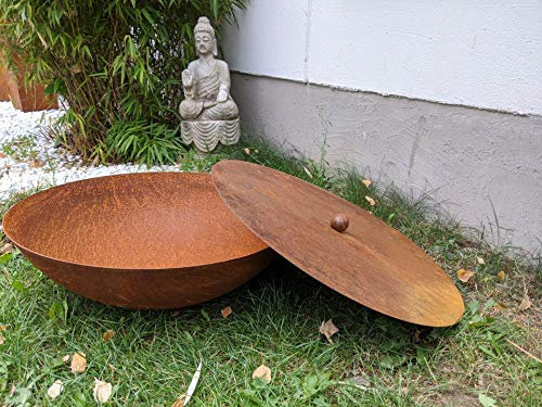Zen Man Edelrost Garten Feuerschale mit Topfdeckel Rost Gartendeko (Feuerschale:d=60cm H16cm, 1.8mm)