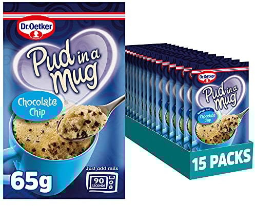 Dr. Oetker Chocolate Chip Pud in a Mug, 65g each, Pack of 15 - microwave pudding cake mix for baking, suitable for kids bakes, store cupboard essentials with choc chips