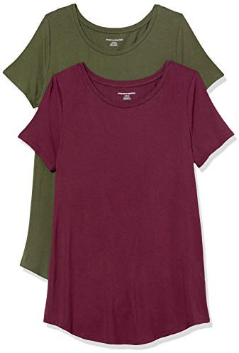 Amazon Essentials Tunica con Scollo Rotondo a Maniche Corte Donna, Pacco da 2, Bordeaux/Verde Oliva Scuro, L