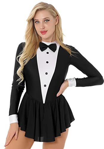 TiaoBug Damen Langarm Tanzkleid Anzug Sakko Smoking Oberteil und Mini Röckchen Innenslip Eiskunstlauf Kleider Tanzkostüm Schwarz M