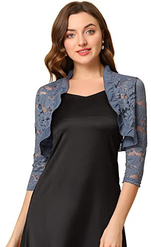 Allegra K Damen Spitzebolero 3/4-Ärmel Durchsichting Blumen Rüschen Elegant Floral Spitze Crop Bolero Hellblau XL