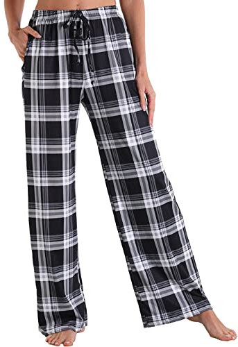 Nanxson Pantalon de pyjama à carreaux pour femme avec cordon de serrage et bas de pyjama doux et léger avec poches(M,noir blanc tartan)