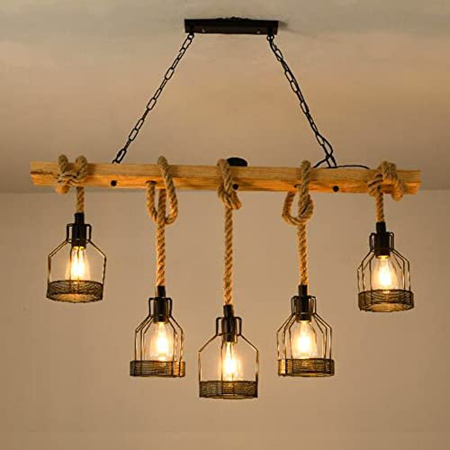 Retro Pendellampe Antik Holz Pendelleuchte E27 Esszimmerlampe Hanfseil Kronleuchter Metal Industrial Hängelampe Restaurant Landhaus Schlafzimmer Wohnzimmer Deckenleuchte 5 Flammige