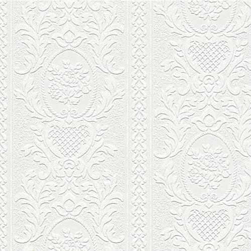 Paintable Damask AS Creation Blown Vinyl Wallpaper White Textured Embossed
