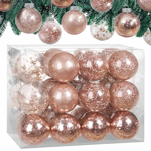 CASARIA 24 Clear Fillable Christmas Baubles with Decorative Fill Included | Customisable Clear Ornaments in Gold Rose Pink or Red for Xmas Trees Halloween Wreaths Garlands and Festive Home Displays