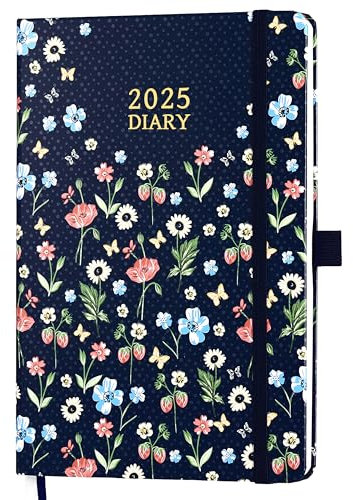 Terminplaner 2025 - A5 Wochenansicht von Januar bis Dezember, Hardcover Mit Stiftschlaufe und Rücktasche, 21,3 x 14,7 x 1,6 cm, Blumen