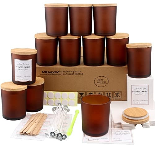 MILIVIXAY Paquete de 12 tarros de vela de vidrio ámbar esmerilado de 10 onzas con tapas y kits de fabricación de velas, tarros de vela vacíos a granel para hacer velas.