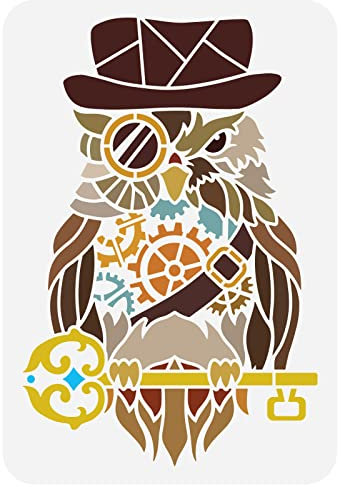 FINGERINSPIRE Steampunk Eule Schablone 21x29.7cm Malerei Schablone Eule mit Schlüssel Hut Glas Tier Thema Schablone ausgehöhlt Schablone Wiederverwendbare Malerei Schablone für DIY Handarbeit Projekt